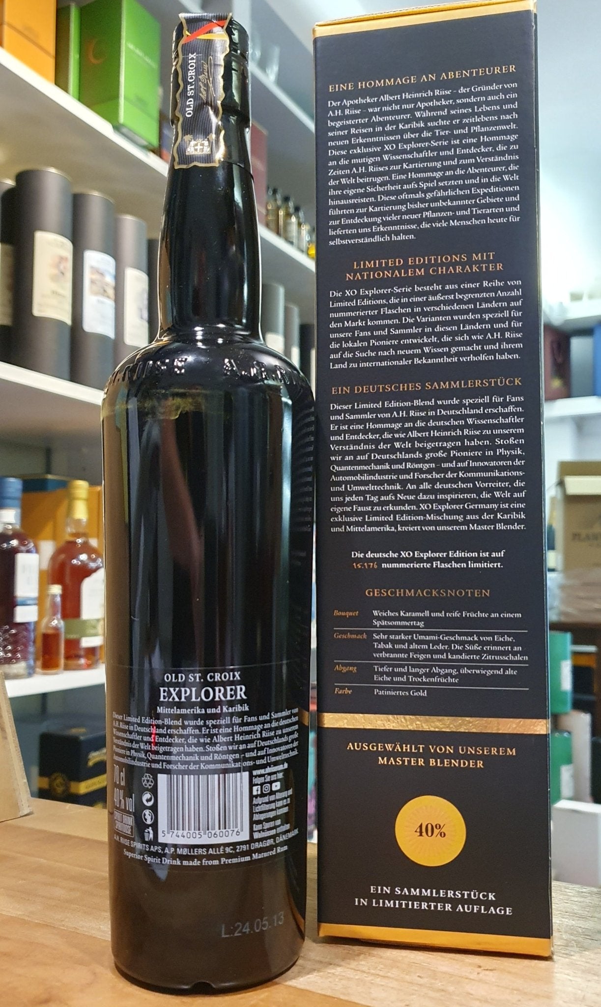 A.H.Riise Old st.croix Explorer Germany 2024 0,7l 40% vol. Rum limited
German exclusive
Robust, complex, smooth, elegant, oak, caramel, candied citrus peel, fig, charred oak cask, pleasant sweetness.
Black red gold