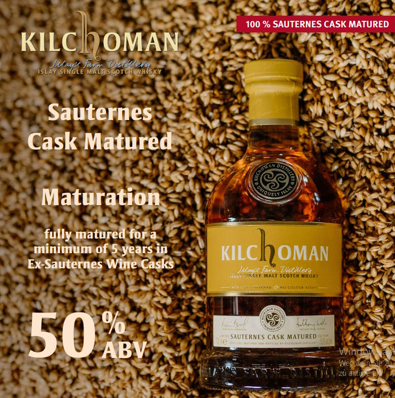 Kilchoman 2024 5y Sauternes cask Vollreifung Edition 0.7l 50% scotch whisky limitiert Cask Type: First Fill und Re-Fill Sauternes Barriques SELTENE 100% Vollreifung Sauternes Casks limitiert auf xx Flaschen Nase: Cremige, buttrig, reife Früchte, salzige Luft, subtilem Torfrauch. Gaumen: Butterscotch, blumig, tropische kandierte Früchte, Torfrauch durchgehend integriert Abgang: Süße, ausgewogen, sauberer anhaltender Rauch, reicher Textur.