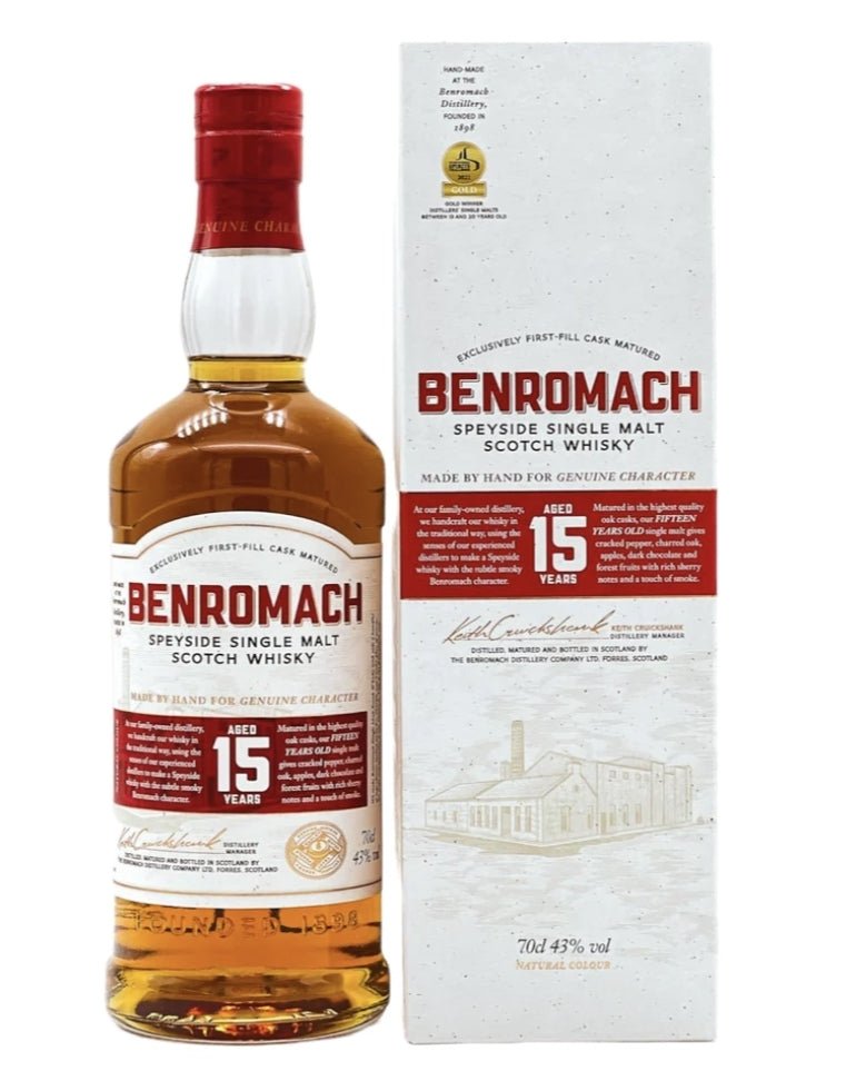 Benromach 15 single Malt 0,7l 43% vol. Whisky Nase süßer Toffee gebrochener schwarzen Pfeffer Torfrauch. Reiche Waldfrüchte