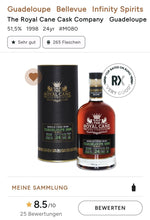 Load image into Gallery viewer, Royal Cane Guadeloupe 1998 0,7l 51,5% vol. Rum single cask Dist. Bellevue Le Moule 24 years French &