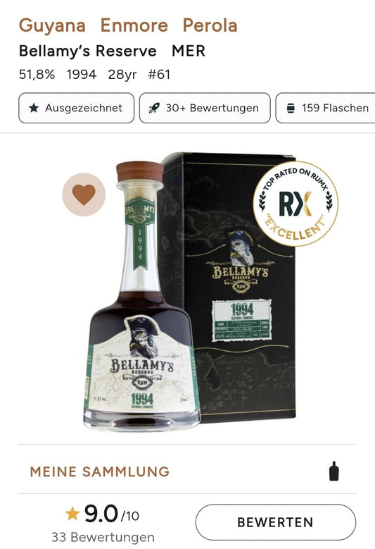 Bellamy's Reserve 28y 1994 Guyana Enmore 2022 0,7l 51,8 %vol. Single cask Rum Fassstärke