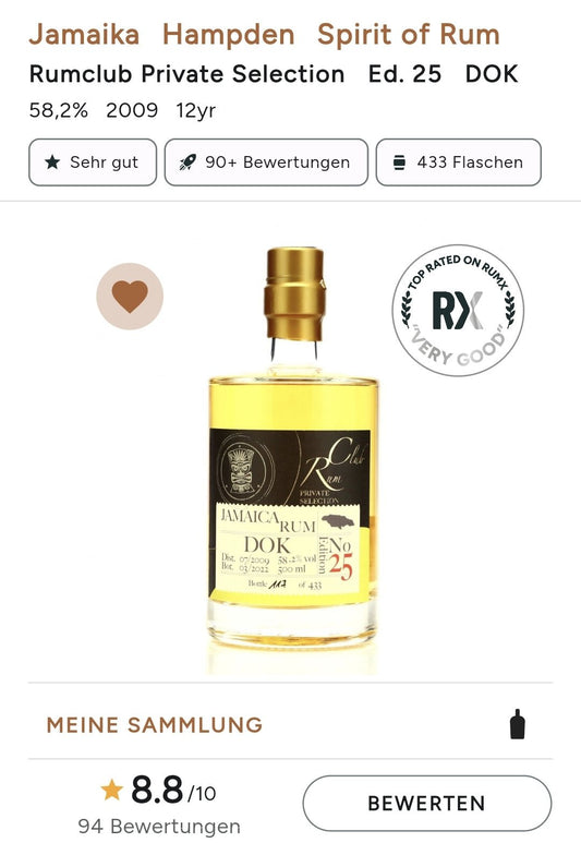 Rumclub Ed.25 Hampden HD 2009 DOK Jamaica 58,2% vol. 0,5l Single cask Rum Club Jamaica