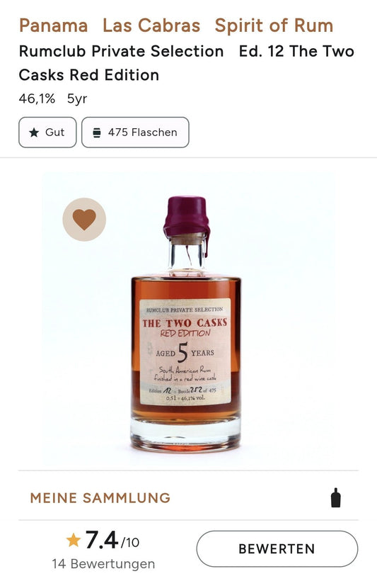 Rumclub Private Selection Ed. 12 The Two Casks Red Edition 5 Years 46,1%vol 0,5l limitiert auf 475 Flaschen. 4,6 g Zucker.