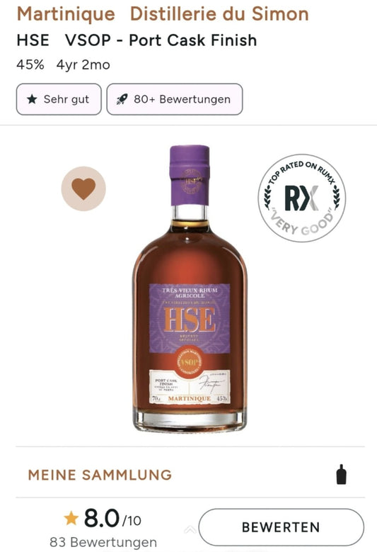 HSE Rhum Agricole Rum Extra Vieux VSOP Port cask Martinique 45% vol. 0,7l 3 Jahre und 10 Monate amerikanische Eiche