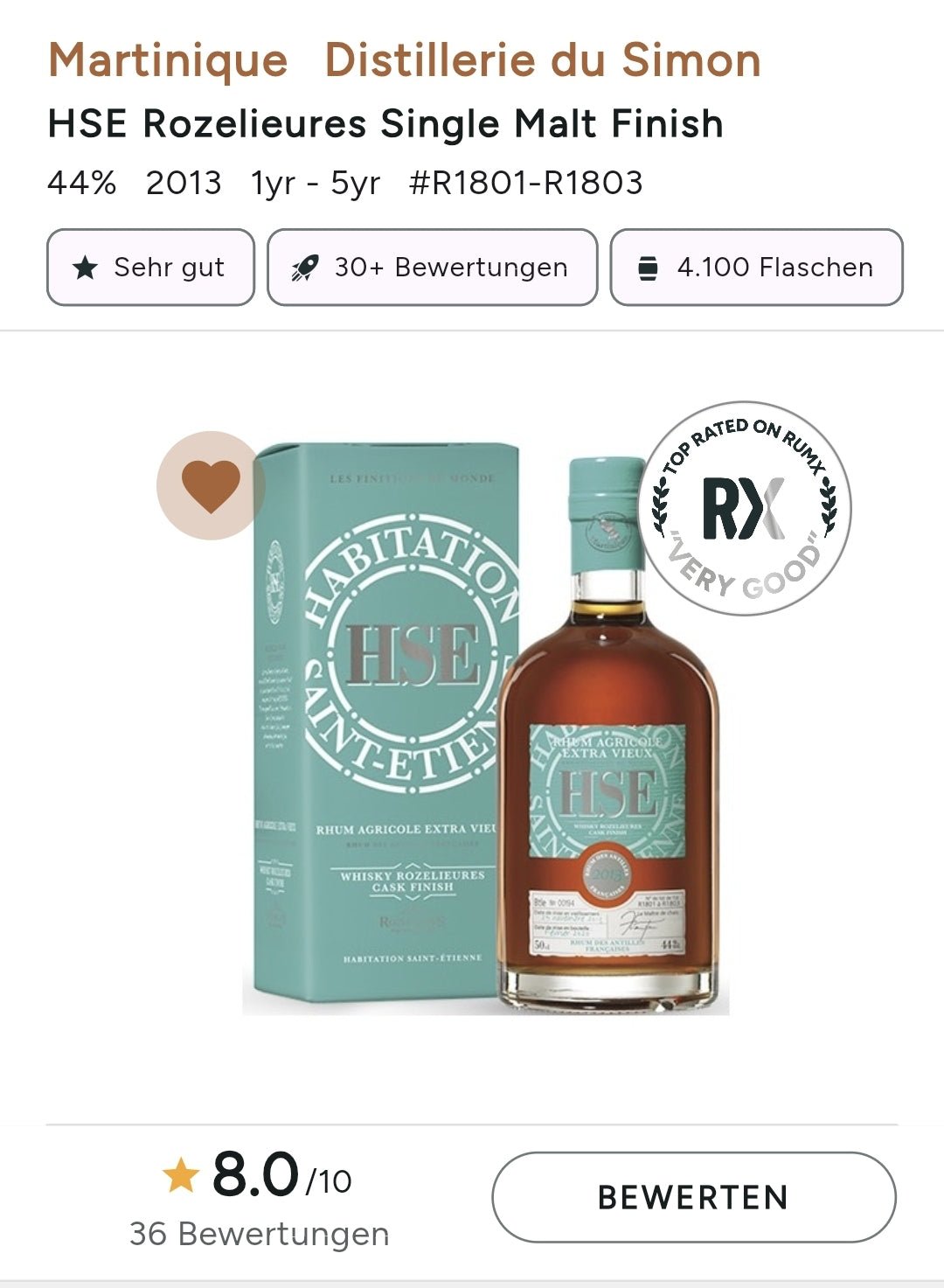 HSE 2013 2020 Rozelieures cask 44% vol. 0,5l Agricole rum Rhum Martinique limited to 4100 bottles