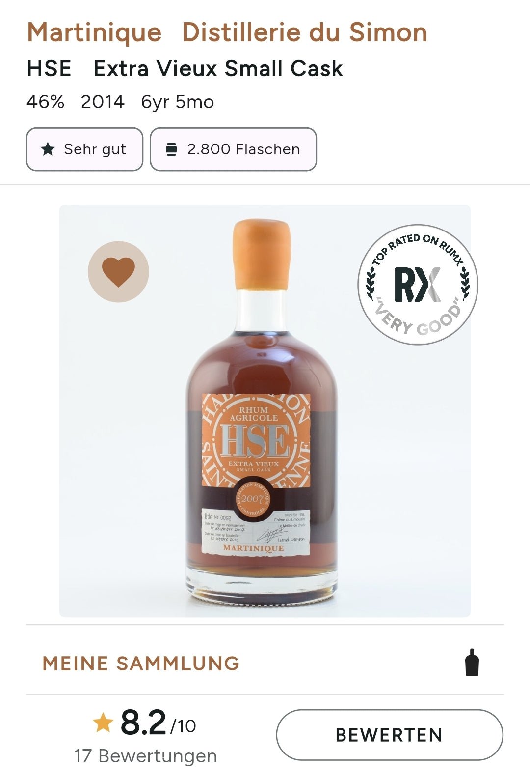 HSE small cask 2014 2021 Agricole Rum Extra Vieux 46% vol. 0,5l Rhum
