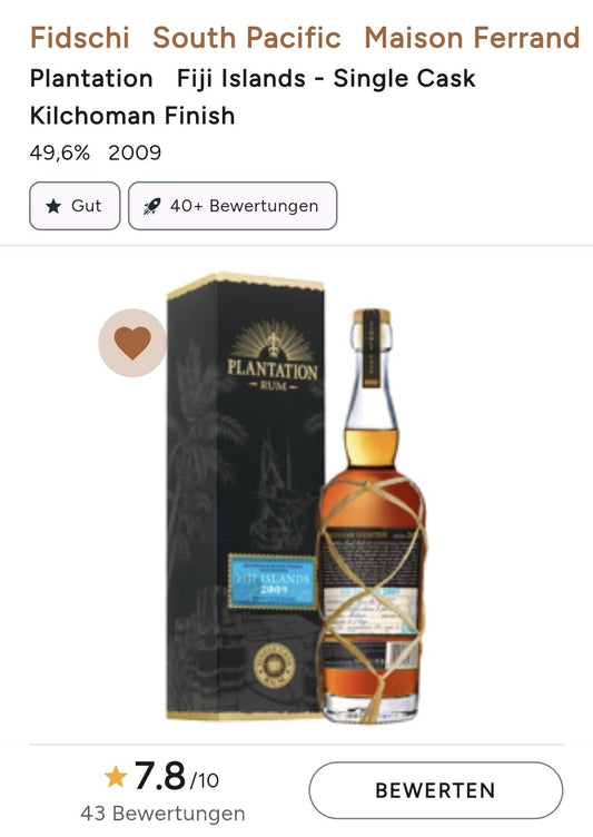 Plantation Rum Fiji Island 2009 2020 49,6 % vol. single cask Kilchoman Islay Whisky Fassabfüllung Sonderedition Melasse,