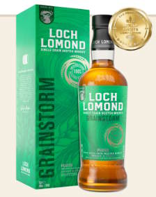 Loch Lomond Single Grain peated 46 % Whisky mit grünem Karton statt schwarzer dose Grainstrorm