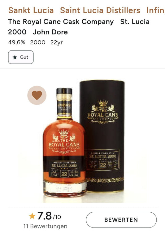 Royal Cane St.Lucia 2000 0,7l 49,6%vol. Rum single cask Distillery: S.L.D. 22 years American white oak pot