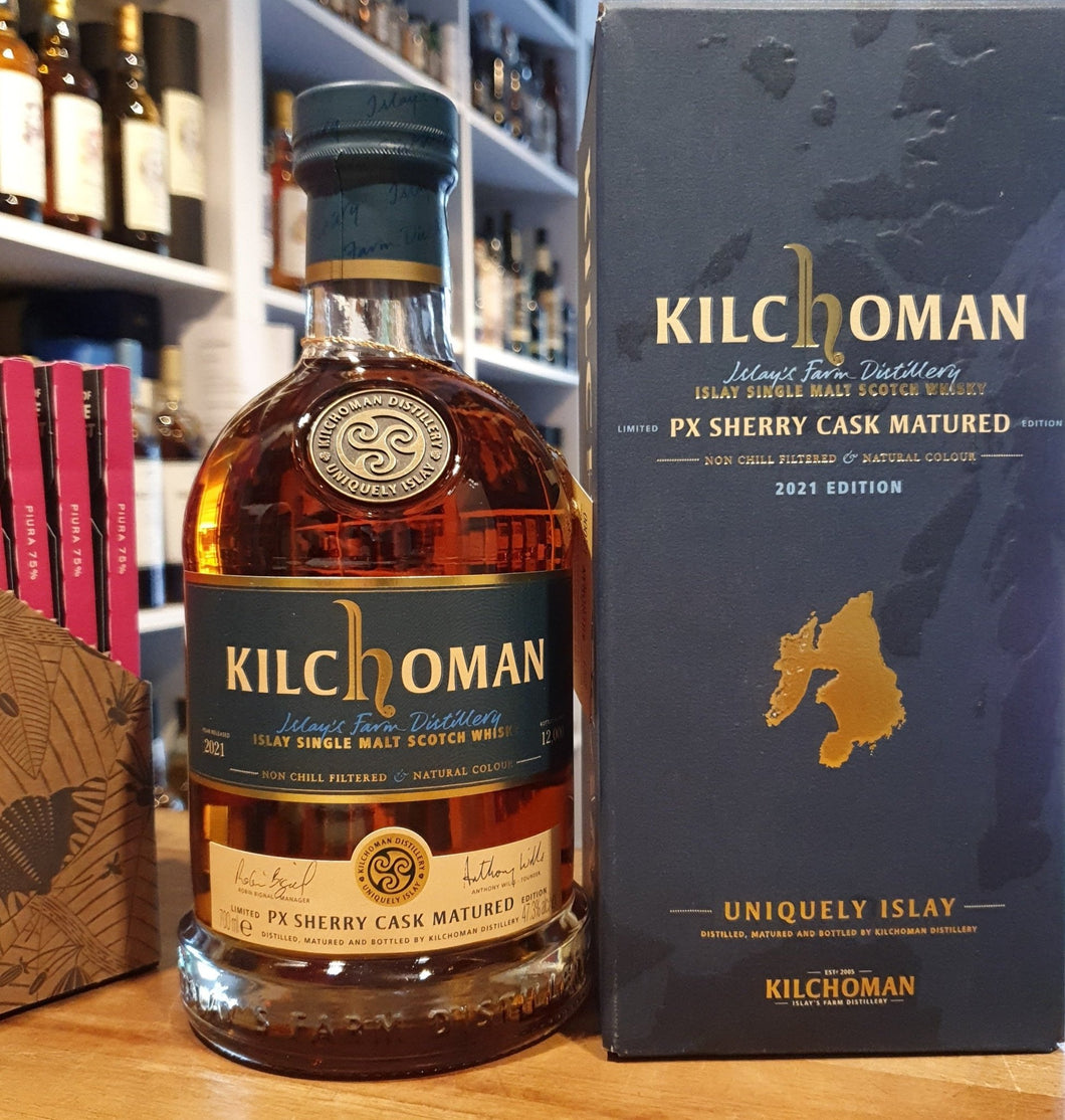 Kilchoman Whisky Spring II PX 2021 100% Sherry Fassgelagerter Islay Schottland single malt scotch whisky 0.7l 47,3% streng limitiert für D auf ca xx Flaschen. insgesamt ca  12000 Flaschen.  Von 33 Fässern wurden 9 vollständig in PX und 24 Stück 12-18 Monate gefinished.