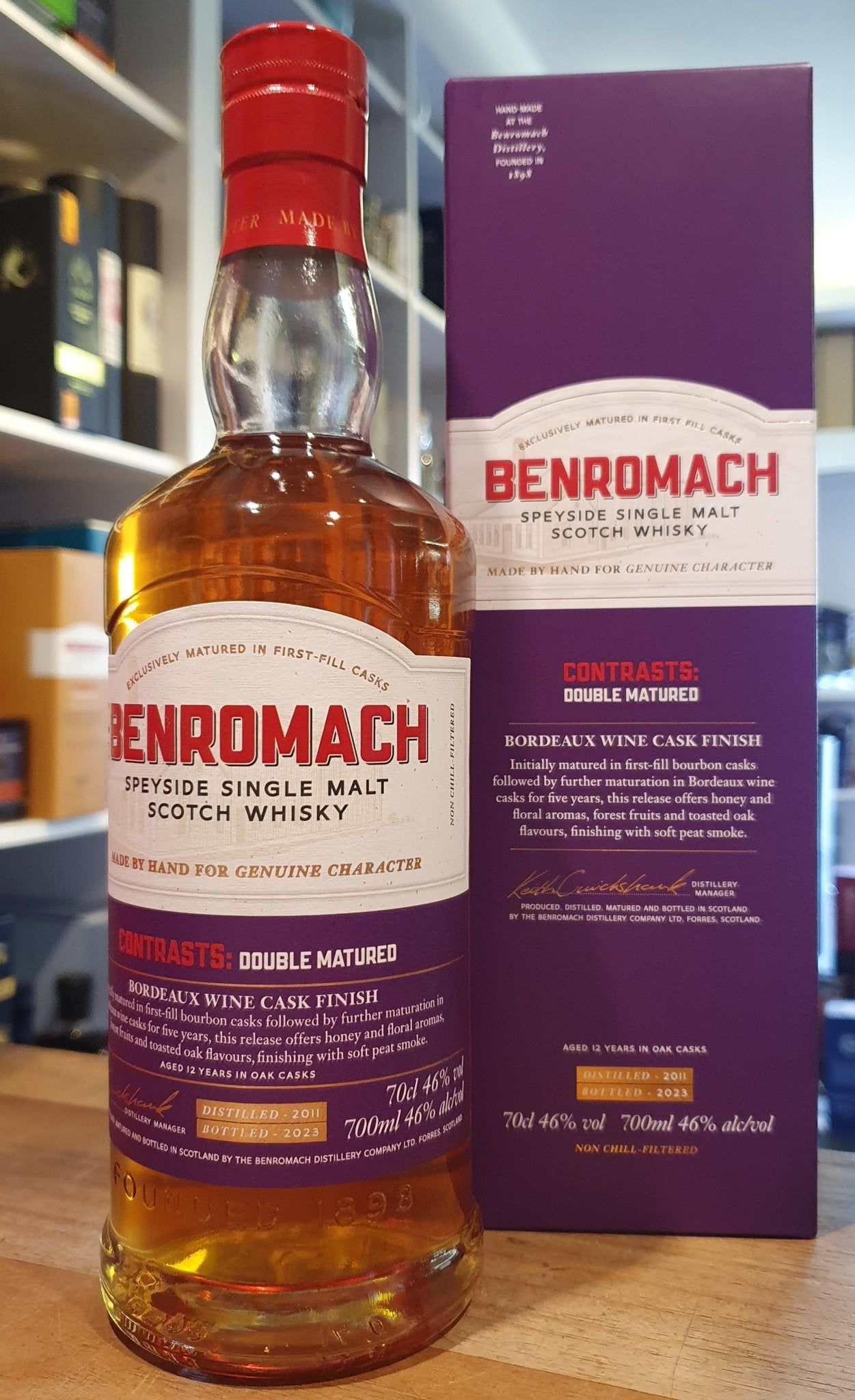 Benromach 2011 2023 Contrasts Bordeaux cask Malt 0,7l 46% vol. Whisky  Nase:  zarter Honig  Waldfrüchte geröstetee Eiche