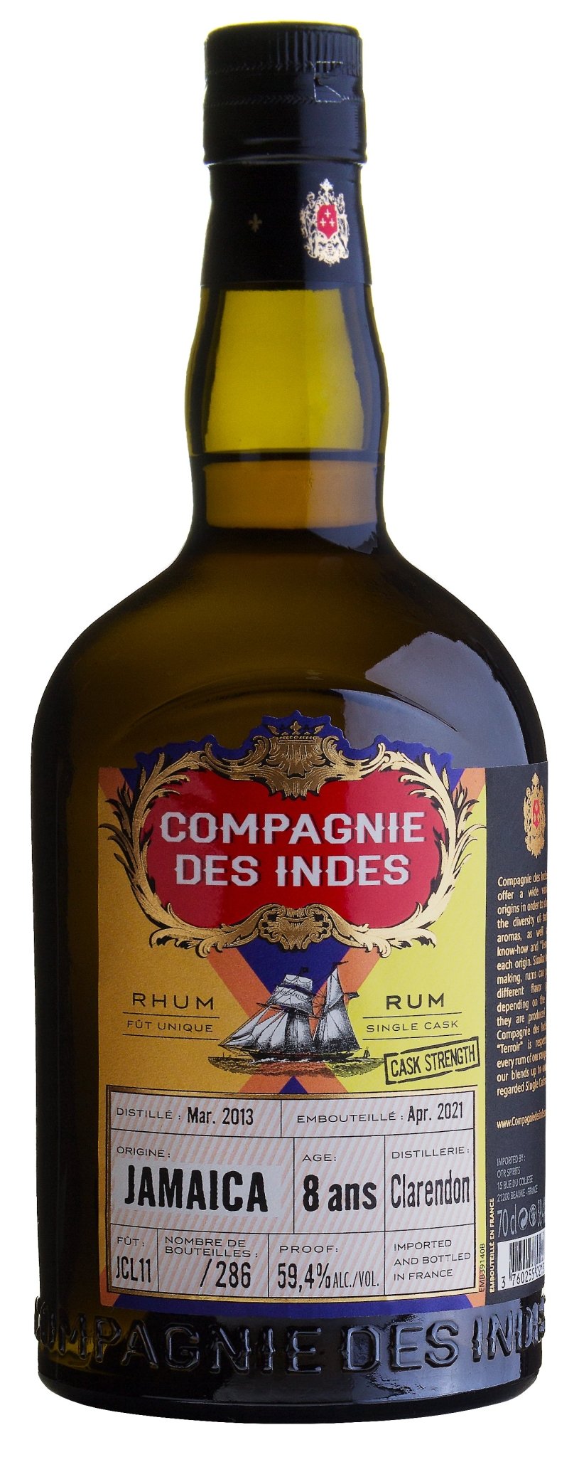Compagnie des Indes cdi Rhum Rum Jamaica 8 Clarendon 2021 0,7l 59,4% vol. dist. 2013 bottl 2021 Fassabfüllung Sonderedition limitiert auf ein Fass mit  286 Flaschen. 