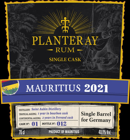 Planteray MAURITIUS single cask 2021 2024 XO 0,7l 40,1% vol. Rum ehem.Plantation Saint Aubin Dist., exklusiv Germany