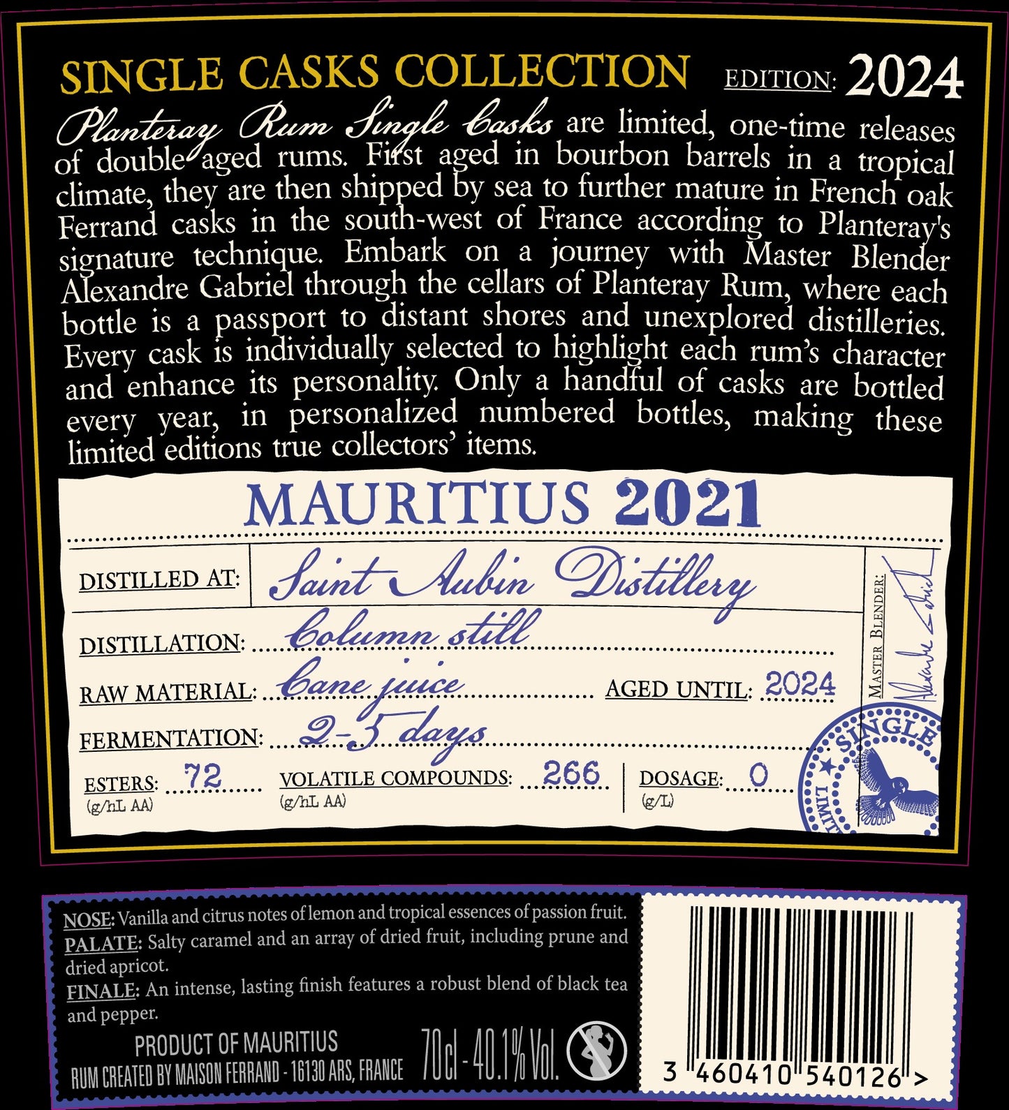 Planteray MAURITIUS single cask 2021 2024 XO 0,7l 40,1% vol. Rum ehem.Plantation Saint Aubin Dist., Aging Tropic 1y Continen