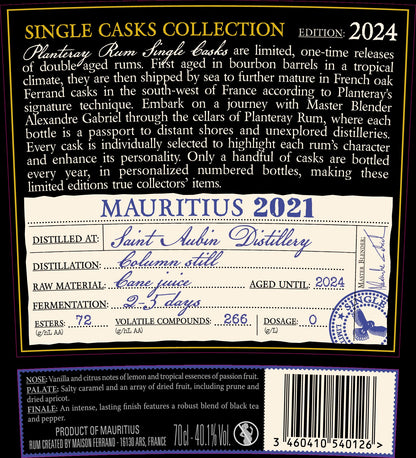 Planteray MAURITIUS single cask 2021 2024 XO 0,7l 40,1% vol. Rum ehem.Plantation Saint Aubin Dist., Aging Tropic 1y Continen