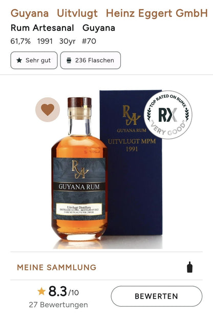 RA Guyana 30y 1991 Herbst 2022 Uitvlugt Dist. 0,5l 61,7%vol. Single Cask Rum Artesanal #70 limitiert