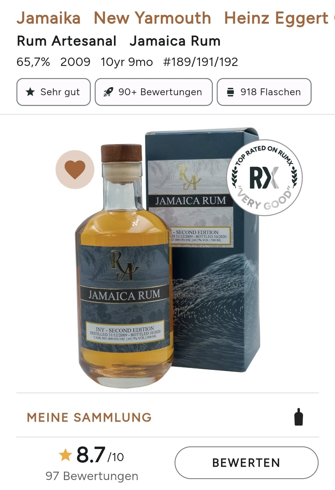 Ra Rum Artesanal single cask Jamaica 11 Jahre JNY second edition 0,5l 65,7% 12/2009 - 09/2020