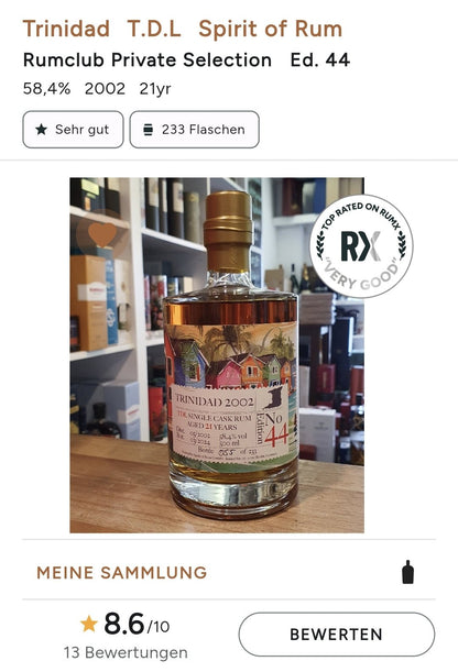 Rumclub Ed.44 Trinidad 2002 TDL 21y 58,4% vol. 0,5l Single cask Rum club