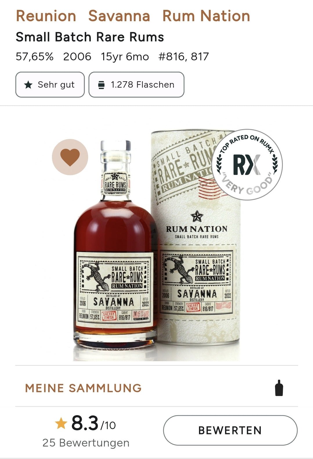 Rum Nation Reunion 2006 2022 Savanna Distillery Single Cask Rum 57,65% vol. 0,7l Cask strength cask bottling