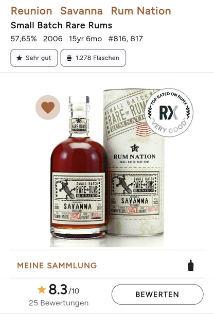 Rum Nation Reunion 2006 2022 Savanna Distillery Single Cask Rum 57,65% vol. 0,7l Cask strength cask bottling