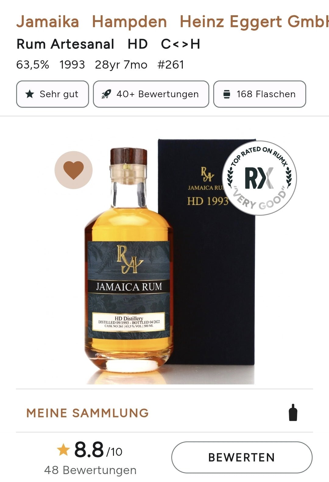 RA Jamaica HD 29y 1993 2022 Hampden Dist. 63,5% 0,5l Single cask Rum Artesanal #261 limitiert auf 168