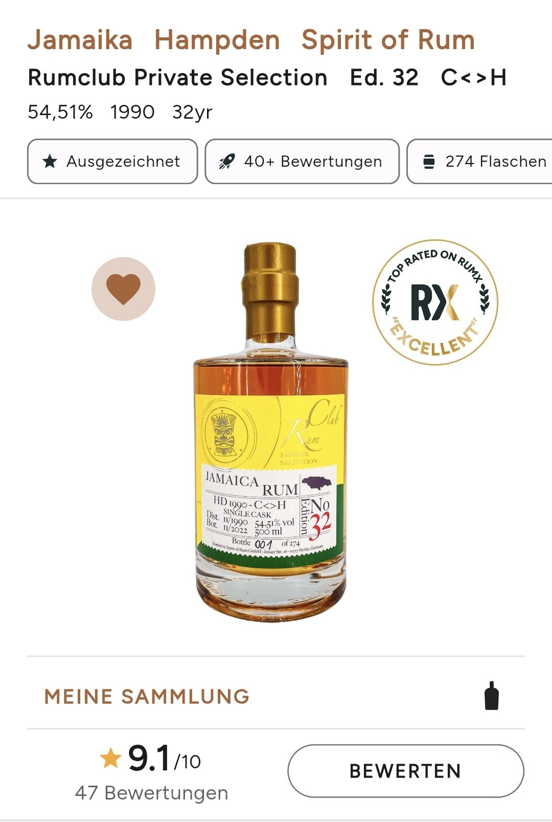 Rumclub Ed.32 HD Hampden 1990 C<>H Jamaica 54,51% vol. 0,5l  Single cask Rum club Jamaika  limitiert