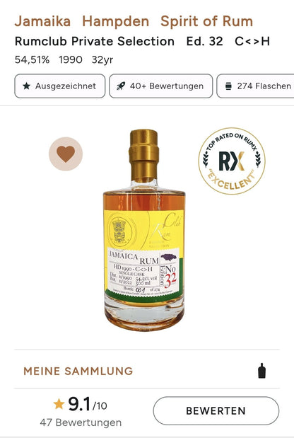 Rumclub Ed.32 HD Hampden 1990 C<>H Jamaica 54,51% vol. 0,5l  Single cask Rum club Jamaika  limitiert