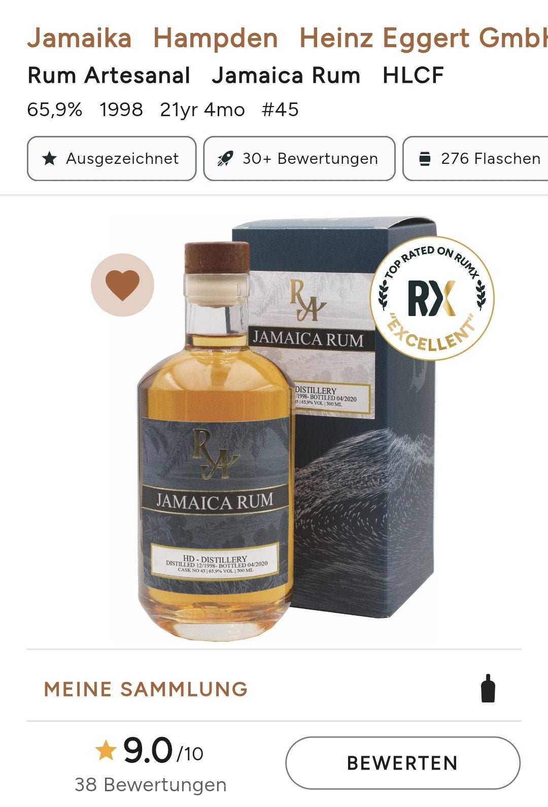 RA Jamaica HD Hampden 1998 2020 HLCF 0,5l #45 65,9% vol.single cask Rum Artesanal - inn-out-shop