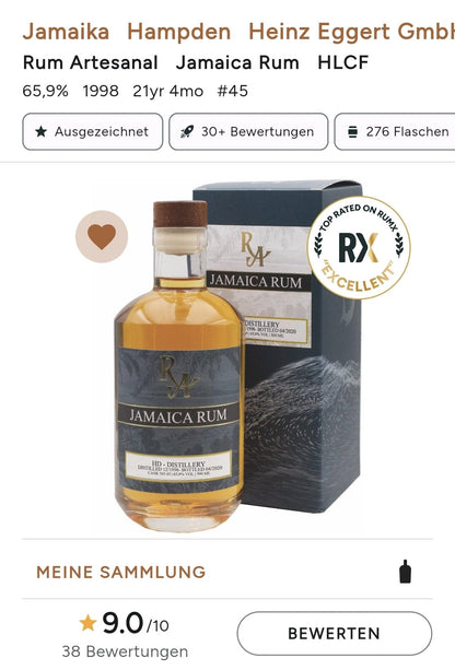 RA Jamaica HD Hampden 1998 2020 HLCF 0,5l #45 65,9% vol.single cask Rum Artesanal - inn-out-shop
