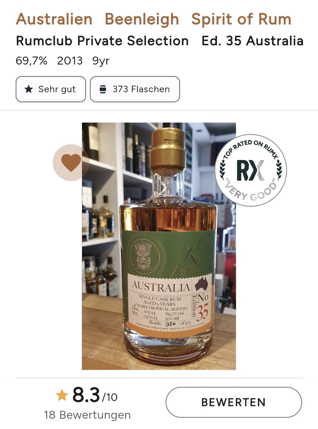 Rumclub ed.35 Australia 2013 2023 0,5l 69,7% vol. single cask rum Australien 4y tropical   Limitiert auf 373  Flaschen