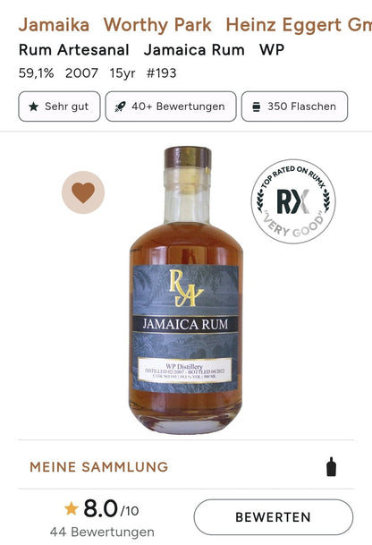 RA Jamaica 15y WP 2007 2022 Worthy Park distillery 0,5l 59,1%vol. Rum Artesanal #193  limitiert auf