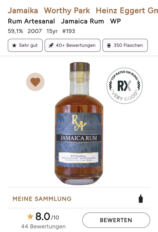 RA Jamaica 15y WP 2007 2022 Worthy Park distillery 0,5l 59,1%vol. Rum Artesanal #193  limitiert auf