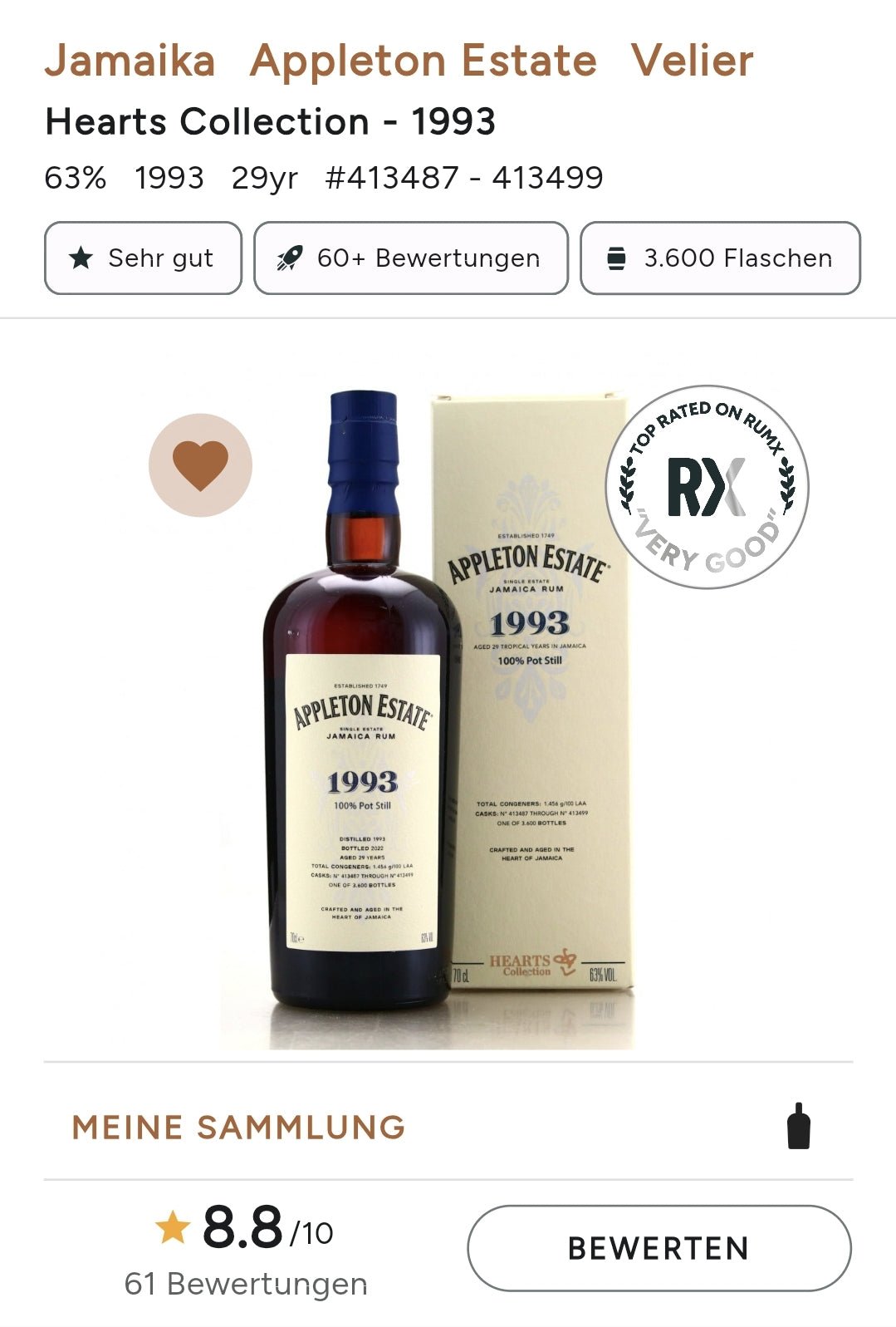 Appleton 1993 Hearts Collection Jamaica Rum 0,7l 63% vol.