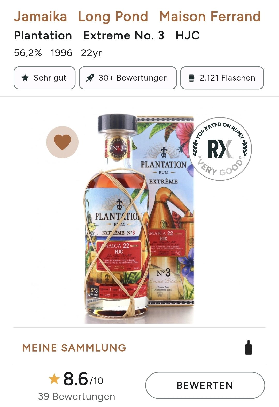 Plantation Jamaica Extreme 1996 No. 3 HJC Long Pond 0,7l 56,2% vol. single cask Rum Fassabfüllung Sonderedition