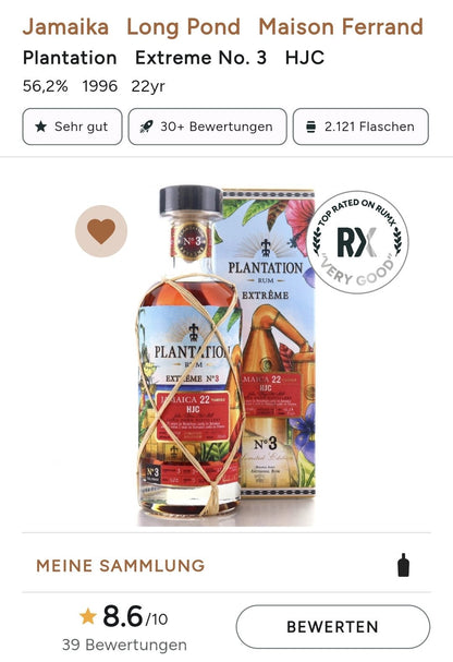 Plantation Jamaica Extreme 1996 No. 3 HJC Long Pond 0,7l 56,2% vol. single cask Rum Fassabfüllung Sonderedition