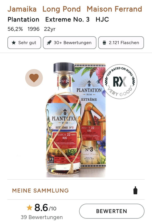 Plantation Jamaica Extreme 1996 No. 3 HJC Long Pond 0,7l 56,2% vol. single cask rum cask bottling special edition