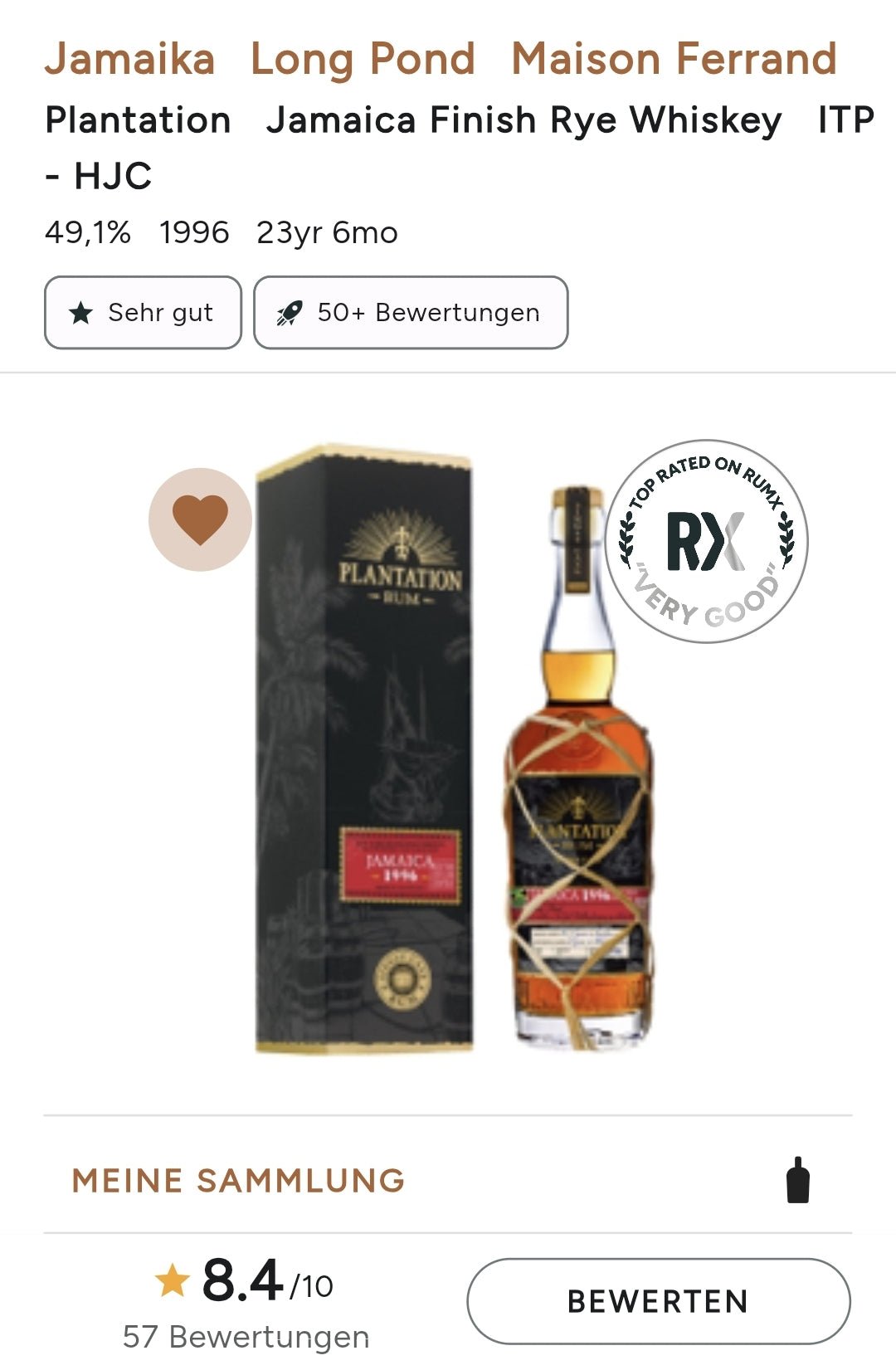 Plantation Rum Jamaica Long Pond 23y 1996 2020 XO 0,7l 49,1%vol. Fassabfüllung 21,5 Jahre Bourbon, 2 Jahre Ferrand Fass und 6