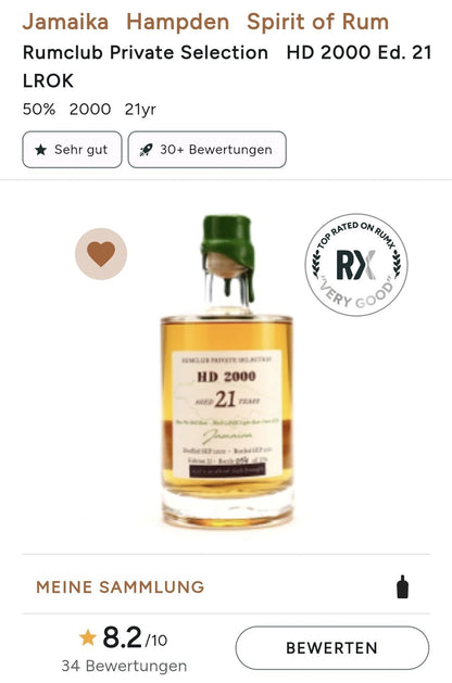 Rumclub Ed.21 HD Hampden 2000 Jamaica 50% vol. 0,5l  Single cask Rum club Jamaika September 2000 - September 2021