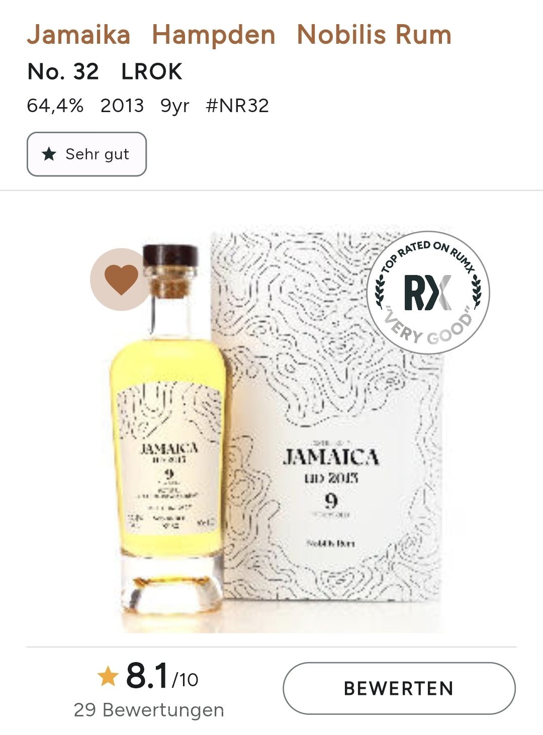 Nobilis Rum Jamaica HD 2013 Hampden 9 0,7l #32 64,4% vol.single cask Dänemark  Limitiert auf 237 Flaschen  6