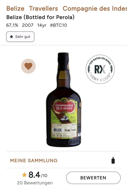 Compagnie des Indes Belize, Travellers Dist 14Y 67,1% vol. 0,7l Rum Rhum Dieser Rum ist der ein Jahr ältere Nachfolger des 13