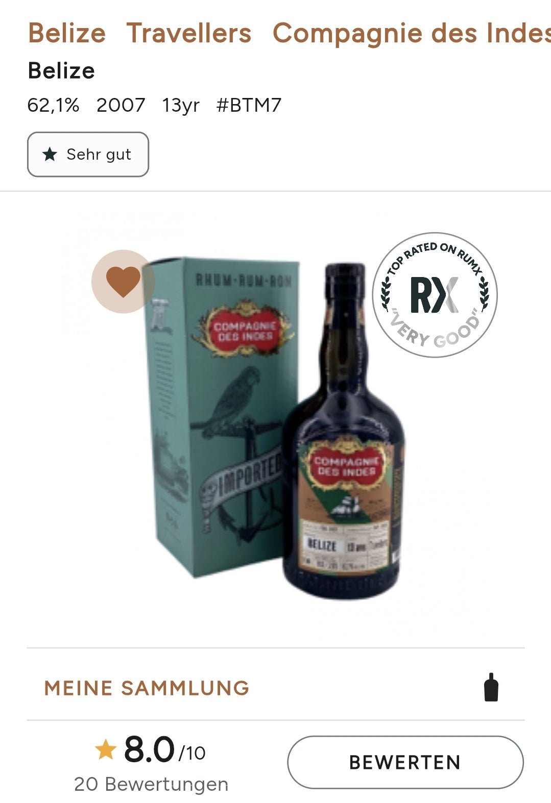 Compagnie des Indes Rum Belize, Travellers Distillery 13YO Single Cask Rum 02/2007 - 10/2020 62,1% vol. Single Cask Rum 0,7l