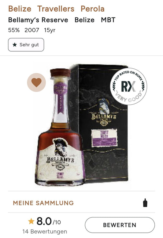 Bellamy's Reserve Belize 2007 2023 Travellers Dist. 0,7l 55% vol. Belamys Rum limited Edition MBT Column Still Travellers