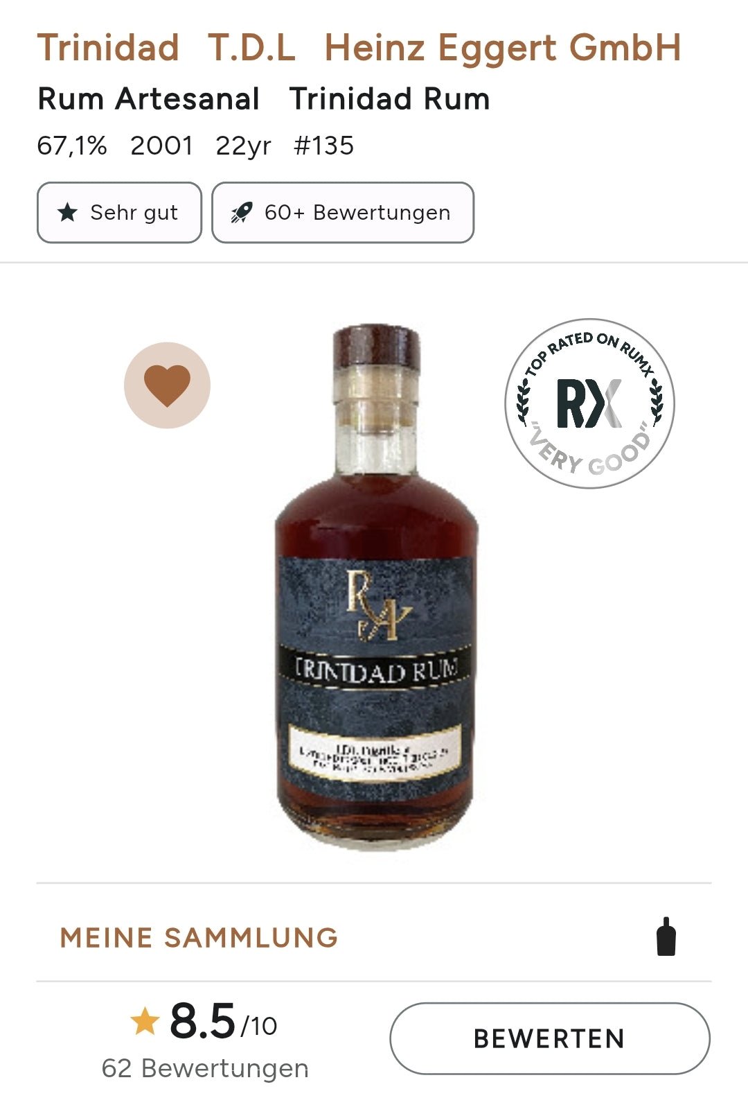 Ra Rum Artesanal Trinidad TDL 2001 S 2023 #135 0,5l 67,1%vol. single cask  limitiert auf 242 Flaschen