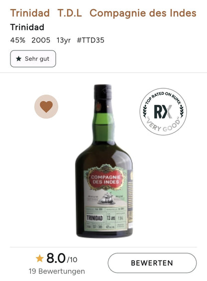 Compagnie des Indes CDI Rum Trinidad, T.D.L. Distillery | 13YO Single Cask Rum 45% vol. 0,7l Cask Strength Limited Edition