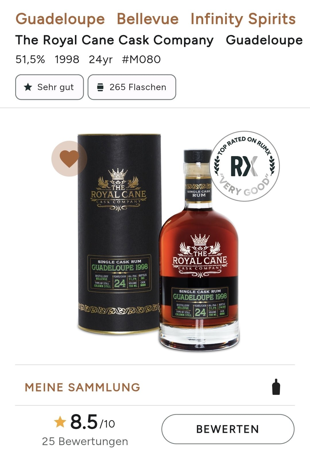 Royal Cane Guadeloupe 1998 0,7l 51,5% vol. Rum single cask Dist. Bellevue Le Moule 24 years French &