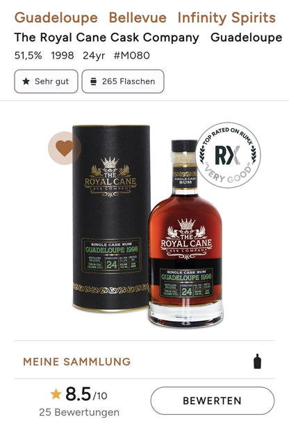 Royal Cane Guadeloupe 1998 0,7l 51,5% vol. Rum single cask Dist. Bellevue Le Moule 24 years French &