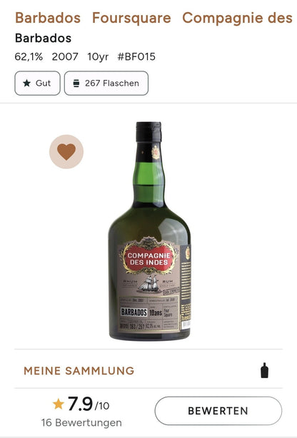 Compagnie des Indes Foursquare 10 Barbados Single Cask Rum 43% vol. 0,7l Fassabfüllung Sonderedition limitiert auf ein Fass