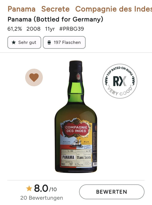Compagnie des Indes Rhum Rum Panama 11 0.7l 61,2 % Fassabfüllung Sonderedition limitiert auf ein Fass