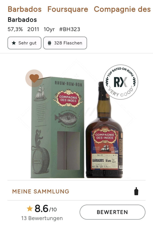 Compagnie des Indes Barbados Foursquare 10 cdi Single Cask Rum 57,3% vol. 0,7l Fassabfüllung