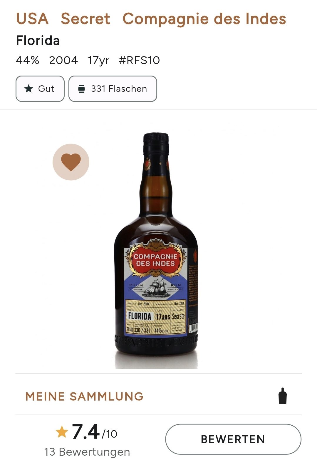 Compagnie des indes Florida 17y secrete Dist. 0,7l 44% vol.  Single Cask RUM CDI   limitiert auf insgesamt 331  weltweit.